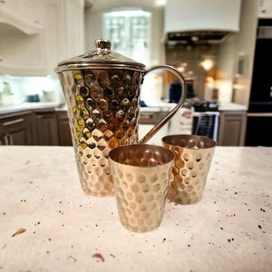 Unique handcrafted Copper Pitcher with Set of Two Tumbler Customize Hammered Design Copper <b>Jug</b> <b>Glass</b> Kitchen Accessories - Product Image 4