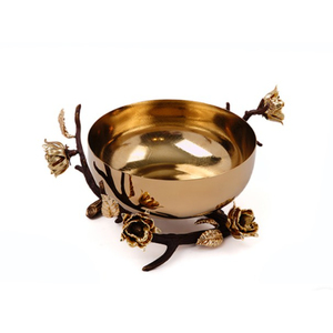 Tazón de Servir de Latón y Vidrio con Acabado Dorado de Diseño de Lujo al por Mayor, con Base de Rama Floral, Elegante Tazón de Vajilla para Decoración del Hogar - Product Image 1