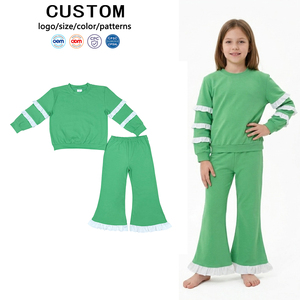 Ensemble 2 pièces pour petites filles, sweat-shirt vert à manches longues et pantalon évasé avec volants blancs, vêtements de printemps - Product Image 1