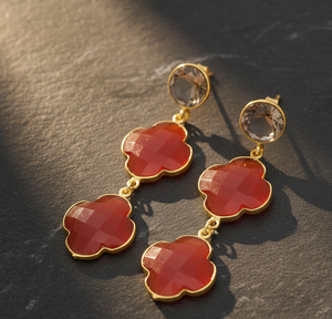 Pendientes de Piedras Preciosas de Color Naranja Ahumado de 6 Pulgadas y 18 Gramos |   10 mm Redondo y 16 mm Forma Elegante |   Plata de Ley 925 Chapada en Oro de 18K - Product Image 1