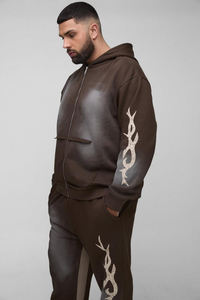 ชุดวอร์มผ้าฝ้าย 100% ล้างสีแบบแอซิดฟอก สไตล์ซันเฟด ขาดๆ แบบดิสเทรส กางเกงและเสื้อฮู้ด พิมพ์ลายสกรีน ทรงโอเวอร์ไซส์ ชุดวอร์มฤดูหนาวสำหรับผู้ชาย - Product Image 6