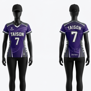 Maillot de volley-ball pour femmes de qualité supérieure, 180 GSM, polyester, violet, design à panneaux gris, tissu respirant, logo personnalisé par sublimation - Product Image 1