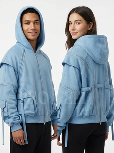 Sweat à capuche personnalisé avec logo imprimé en relief, fermeture éclair sur le devant, poches cargo, sweat à capuche décontracté avec cordon de serrage réglable - Product Image 3