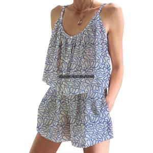 Conjunto de Pijama de Verano/Otoño con Pantalones Cortos de Algodón Estampados a Mano, Diseño Floral, Ajustado, con Tirantes, Sin Mangas - Product Image 4