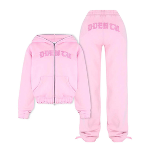 Conjunto Deportivo Casual de Terciopelo Rosa Personalizado, 100% Algodón, Sudadera con Capucha y Cremallera para Mujer, Pantalones Deportivos, Logotipo en Relieve, Moda Y2K, al por Mayor - Product Image 1