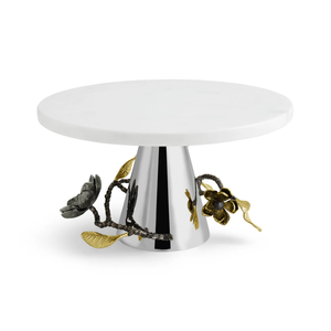 Elegante Soporte para Tartas de Aluminio Blanco Hecho a Mano, Ecológico, con Detalles Florales en Dorado y Negro, Pedestal Premium para Postres para Bodas y Eventos Especiales - Product Image 4