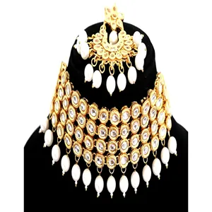Ensemble de bijoux fins plaqués or 24 carats Kundan, collier crème avec boucles d'oreilles et Maang Tikka pour cadeau de mariage - Product Image 2