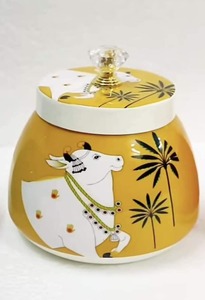 Tarro de metal colorido con estampado de Pichwai, tarro de artesanía indio decorativo para regalos de devolución de matrimonio y eventos religiosos - Product Image 3