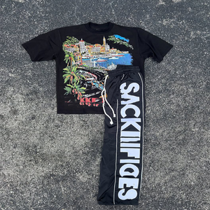 Chándal DTG personalizado de 2 piezas para hombre, chándal de verano con serigrafía, camiseta de manga corta cuadrada recortada, conjunto de pantalones de nailon - Product Image 1