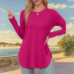 Chemise pour femme à taille ample en élasthanne/polyester, 100% tricotée, style basique, manches longues, fente latérale au niveau du cou, respirante, été - Product Image 2