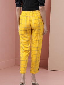 Soft Comfortable Womens Yellow Rayon Checks Printed <b>Trouser</b> <b>Pants</b> Designed In Regular Fit For Casual Office Travel & Daily Wear - Product Image 3