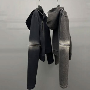 Diseñador personalizado lavado ácido Zip-Up Sudadera con capucha recortada desgastada peso pesado poliéster/algodón transpirable Digital impreso hombres mujeres - Product Image 2