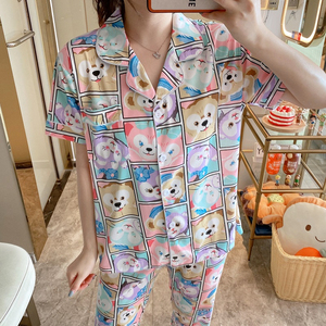 Ropa de dormir de manga corta para mujer, pantalones largos, conjuntos de 2 uds., pijamas de dibujos animados, ocio, solapa dulce coreana con botón, ropa de casa para mujer - Product Image 3