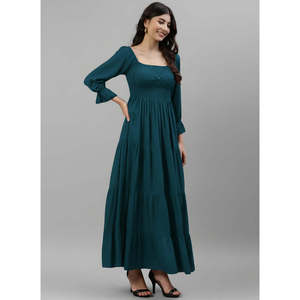 DEEBACO Women's Solid Viscose Rayon Smocked Tiered <b>Dress</b> 3/4 Puff Sleeves Square Neck Fit & Flare Maxi Length Summer Western - Product Image 5