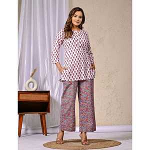 Ensemble coordonné en coton blanc pour femmes, haut à manches trois-quarts imprimé Butti avec boutons, tenue assortie deux pièces pour l'été - Product Image 6