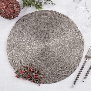 Silver <b>Beaded</b> Flower Power Rounded <b>Placemat</b> for Parties Tableware Decorative Design Best Parties Other Functions Mat & Pads - Product Image 4