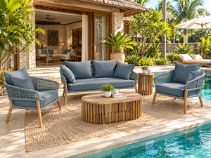 Conjunto de sofá de ratán tropical para exteriores con cojines azules para jardín, patio o villa, muebles de mimbre de PE impermeables. - Product Image 3