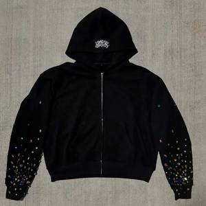 Vente en gros de streetwear de haute qualité en éponge française 100% coton avec étiquette de ligne noire imprimée bouffante LOGO personnalisé sweats avec strass pour hommes - Product Image 3
