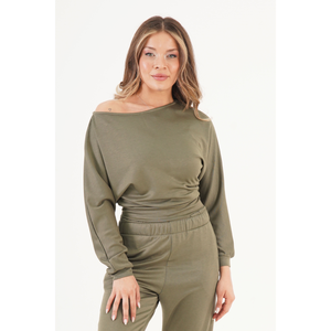 Blusa caqui LUSTRIN para mujer, de tela fina, con manga murciélago y cuello en V - Top informal elegante de ajuste holgado para venta al por mayor - Product Image 4
