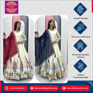 Gama exclusiva de nuevo diseñador para bodas y fiestas Dola Silk Made Mill Print & Foil Work Anarkali Gown con Dupatta - Product Image 3