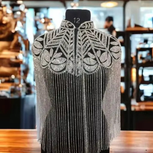 Elegant Polyester Long <b>Cape</b> with Beaded Strands Sequined Design for Festivals Celebrations Fastens at Neck Beautiful Logo Back - Product Image 1