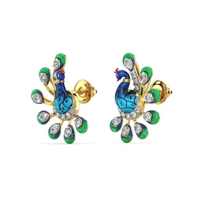 Pendientes de diamantes de India Moissanite Lab-Grown & Natural Diamond Luxury Gold Aqua Peacock Feather Pendientes para mujer - Product Image 1