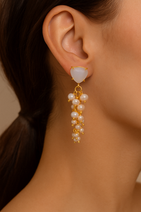 Handmade Gold-Plated White Agate & Freshwater Pearl Gemstone Cluster Stud <b>Earrings</b> <b>Long</b> Drop Style Trendy Triangle Shape Women's - Product Image 2