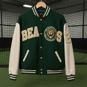 Chaqueta Universitaria Unisex Personalizada de Invierno, 100% Satén de Seda, Estilo Vintage, Transpirable, Resistente al Viento, Ecológica, Color Verde, Venta al Por Mayor - Product Image 1