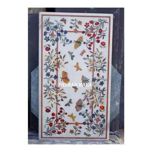 Mesa con Incrustaciones de Flores y Mariposas en Mármol Blanco Pulido de la Mejor Calidad, con Superficie Lisa y Brillante - Product Image 1