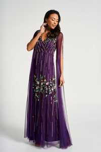 Violet Maxi crêpe tissu antistatique soirée robe de soirée élégant élégant Royal perlé paillettes broderie droite Silhouette - Product Image 6