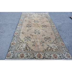 Tapis Oriental Beige Noir Laine Fait Main 5.2x 9.4ft Tapis Turcs pour Adolescent Salon Patchwork Latex Rectangulaire Couloir Chevet - Product Image 1