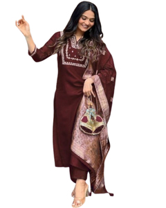 Kurta Droite à Imprimé Floral avec Pantalon et Dupatta, Ensemble Brodé Élégant pour Tenue Décontractée, Ensemble Kurti Indien pour Femmes - Product Image 1