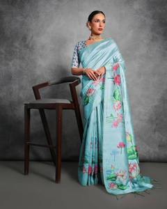 Collection de saris en soie Tussar doux imprimés floraux Sarees de créateur légers tissés à la main avec des impressions numériques et en blocs - Product Image 3
