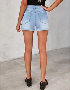 Pantalones cortos de mezclilla desgastados de cintura alta para mujer, pantalones vaqueros rasgados transpirables con cierre de cremallera con botones, puños cosidos, dobladillo enrollado para invierno - Product Image 6