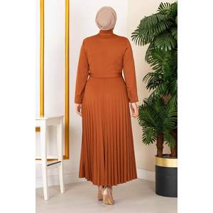 Pleated Skirt Modest Dress 100MD21515 <b>Tan</b> - Product Image 4