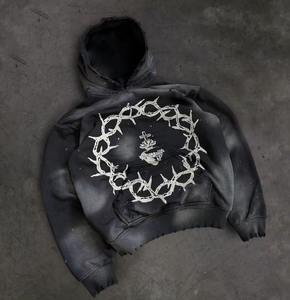 Sudadera con capucha de lavado ácido de gran tamaño para hombre con parches bordados diseño personalizado de diamantes de imitación estilo hombro caído 100% algodón para primavera - Product Image 5