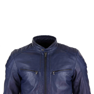 Chaqueta de Motociclista de Cuero Sintético Azul para Hombre, Cuello Alto, Cierre de Cremallera, Corte Regular, Color Sólido, Estilo Biker, para Otoño - Product Image 1