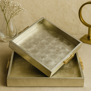 Hecho a mano sostenible Vintage rústico plata hoja rectángulo MDF bandeja decorativa acrílico mango servir centro de mesa decoración del hogar - Product Image 5