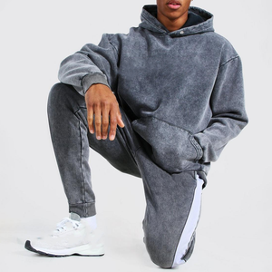 Vêtements de sport vintage pour hommes, ensemble pull-over à capuche gris, pantalon de survêtement surdimensionné délavé à l'acide avec bande latérale imprimée, vente en gros - Product Image 6