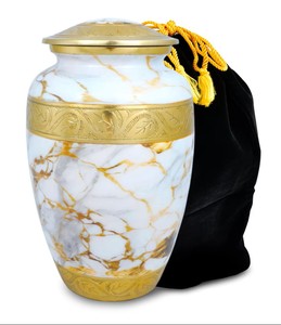 Urna Funeraria de Mármol Blanco con Banda Decorativa Dorada y Bolsa de Almacenamiento de Terciopelo para Cenizas de Adultos - Product Image 1