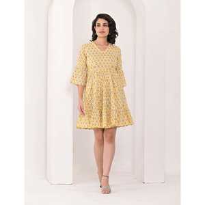 Vestido Casual de Algodón con Diseño Personalizado, Estampado en Bloques Amarillos, Largo hasta la Rodilla, Cintura Elástica, Transpirable, Tallas XS a 5XL para Uso Diario - Product Image 1