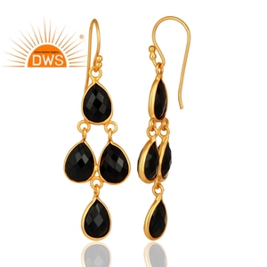Vente chaude en argent sterling plaqué or 18 carats naturel noir onyx pierres précieuses lustre boucle d'oreille fabricant de bijoux personnalisés - Product Image 3