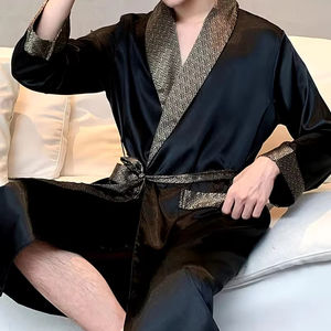 Custom Plus Size <b>Men</b> Luxury 100% <b>Silk</b> Satin Breathable Lightweight Sleepwear In Solid Color Custom Logo Loose Fit <b>Robes</b> - Product Image 5