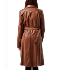 เสื้อโค้ทเทรนช์หนังแกะแท้สุดหรูสำหรับผู้หญิง สีน้ำตาล กระดุมเคลือบแว็กซ์ ปกขนสุนัขจิ้งจอก เป็นมิตรกับสิ่งแวดล้อม เสื้อโค้ทยาวสำหรับฤดูหนาว - Product Image 2