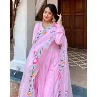 Ensemble de costume Anarkali pour femmes, en rayonne, à col en V, avec dentelle peinte à la main, longueur cheville, style Gotta, printemps/été