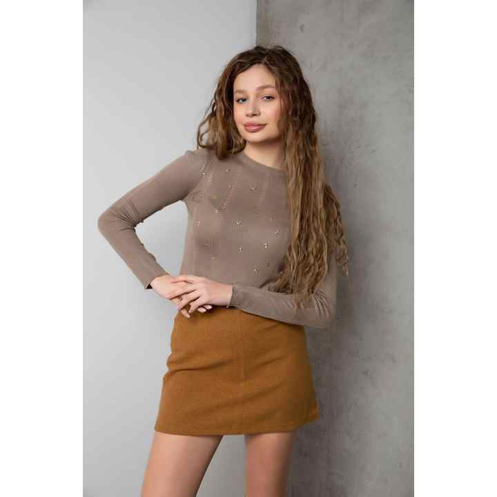 WOMEN'S BIRD EYE DETAIL BROWN KNITWEAR