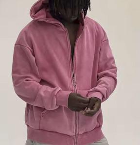 Venta al por mayor personalizado Puff en blanco de gran tamaño Vintage ácido lavado Zip Hoodie Sin cordón doble cremallera Sun Faded Zip up Hoodie - Product Image 3