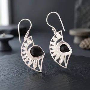 Women’s 925 Sterling Silver Bohemian Drop <b>Earrings</b> Geometric Pattern <b>Black</b> Onyx Bezel Set Handmade <b>Dangle</b> <b>Earrings</b> Everyday - Product Image 4