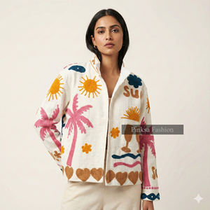 แจ็คเก็ตวาร์ซิตี้ผ้ากำมะหยี่ปักลายดอกไม้สไตล์โบฮีเมียนสำหรับฤดูใบไม้ร่วงและฤดูหนาว เป็นมิตรกับสิ่งแวดล้อม ป้องกันรอยยับ กันลม ระบายอากาศได้ดี ผ้าฝ้ายซูซานี - Product Image 1