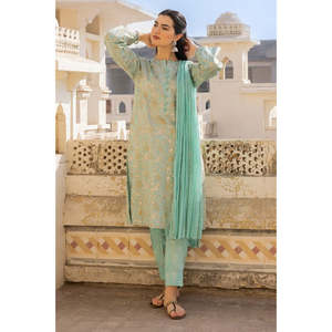 Ensemble de costume 3 pièces en tissu cambric vert imprimé pour femmes - Product Image 4